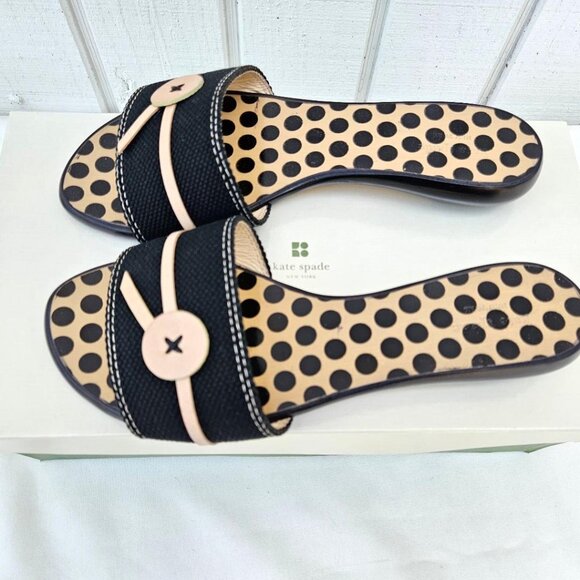 Kate Spade NEW "Toby" Black & Natural Canvas & Leather Slide Sandals NWT Sz 6B - Picture 3 of 7